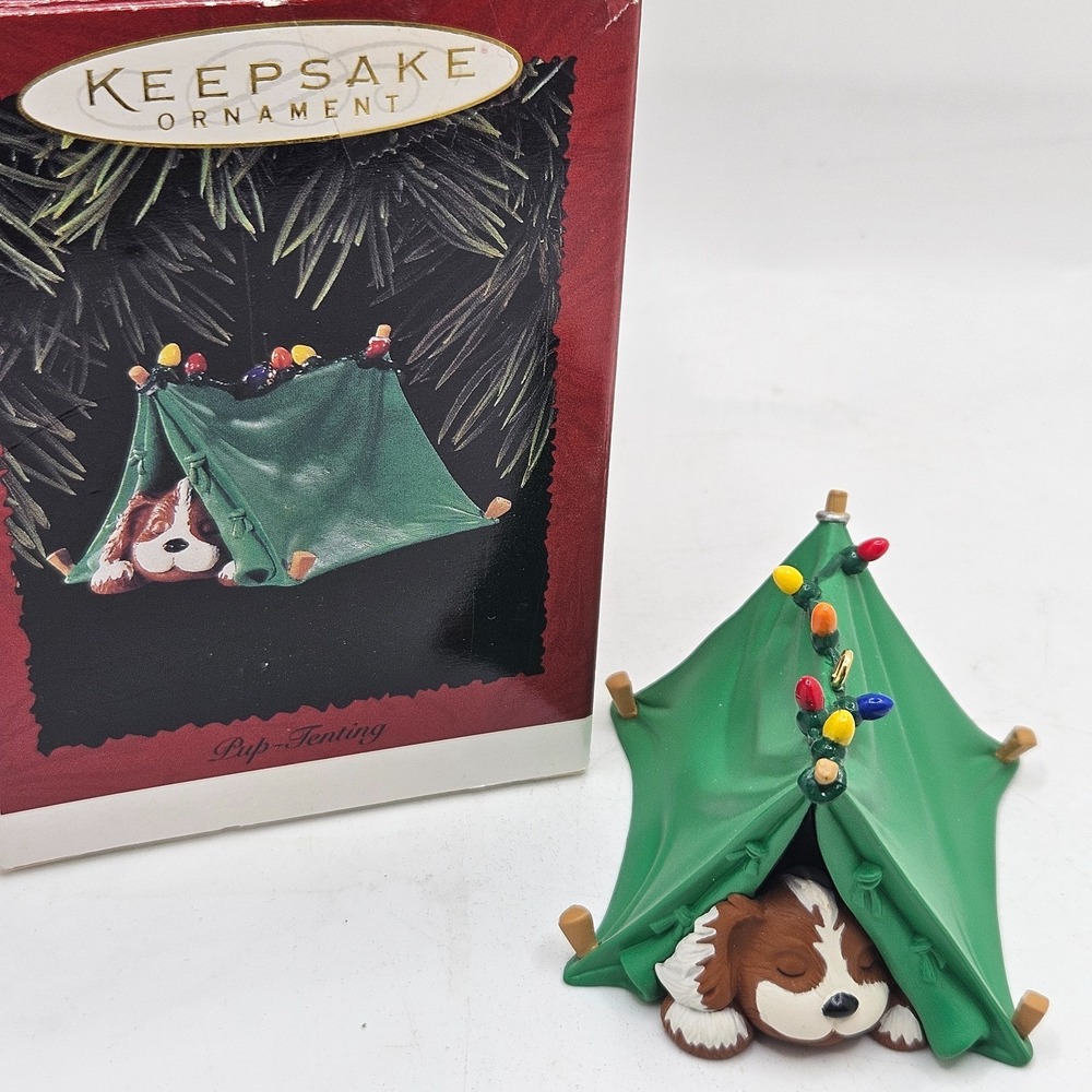 VTG Hallmark 1996 Pup-Tenting Keepsake Ornament Sleeping‎ Puppy Dog Camping